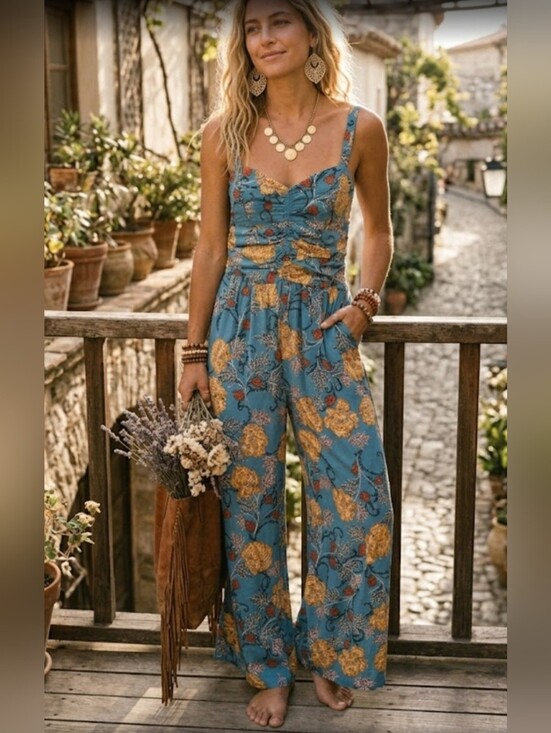 B.O.G. Collective Pants - B.O.G. Collective Floral Smocked Top Wide-Leg Jumpsuit  Sz M